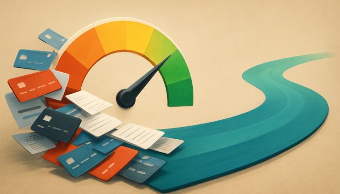 Credit score gauge fluctuating as credit cards and loans merge into streamlined path