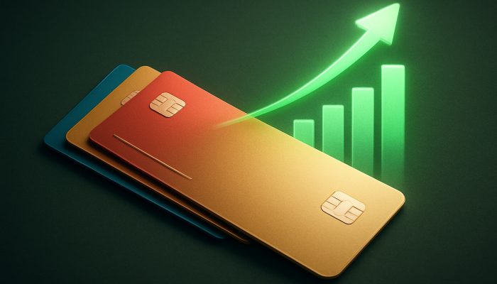 Credit cards merging into one with green upward arrow and rising graph for improved credit score.