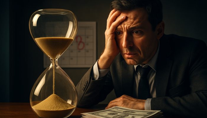 Anxious taxpayer watches HMRC refund checks spill from hourglass beside red deadline calendar.