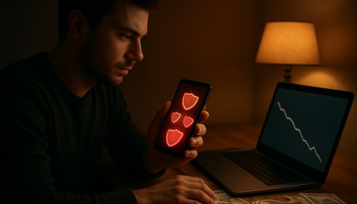 Blocking Apps and Sites During a Debt Plan: Essential Advice | DCL Focused individual blocking shopping apps on mobile device while reviewing debt repayment chart on laptop with bills