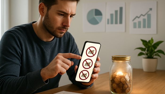 Blocking Apps and Sites During a Debt Plan: Essential Advice | DCL Focused person configures mobile app to block retail sites near glowing savings jar and debt charts