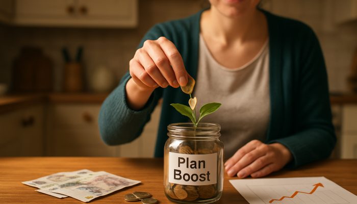 Young professional adding windfall coins to Plan Boost savings jar in cozy British kitchen
