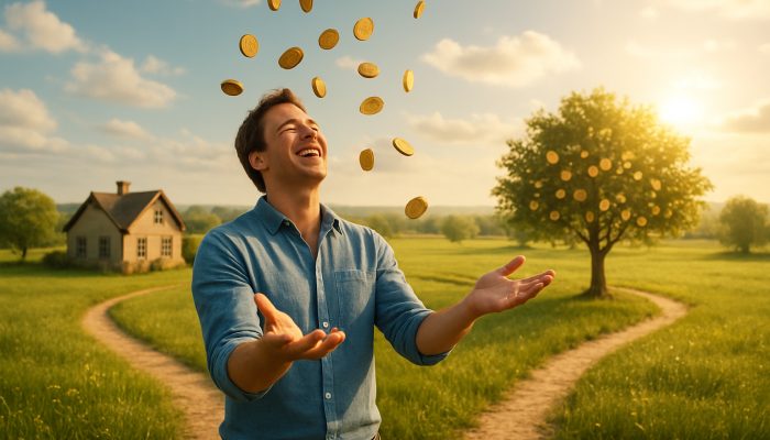 Joyful person catching golden coins in meadow symbolizing financial growth and debt freedom